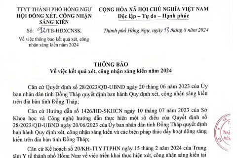 Thông báo kết quả xét, công nhận sáng kiến năm 2024
